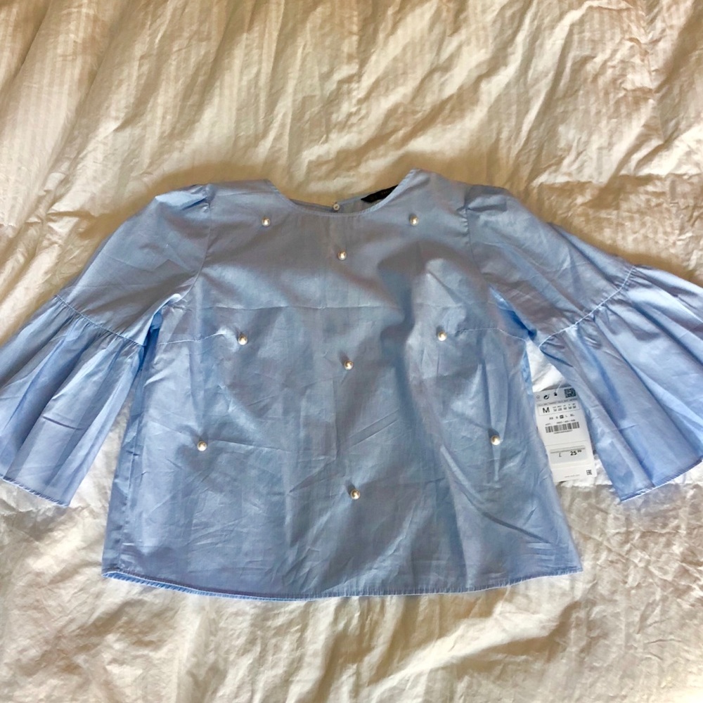Zara Basic Blue top with Pearl Accents